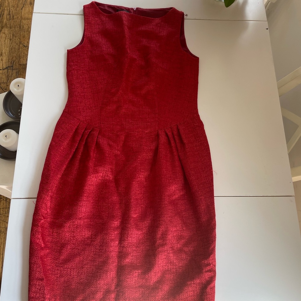Escada Red shimmery Woven sleeveless boatneck midi cocktail dress.